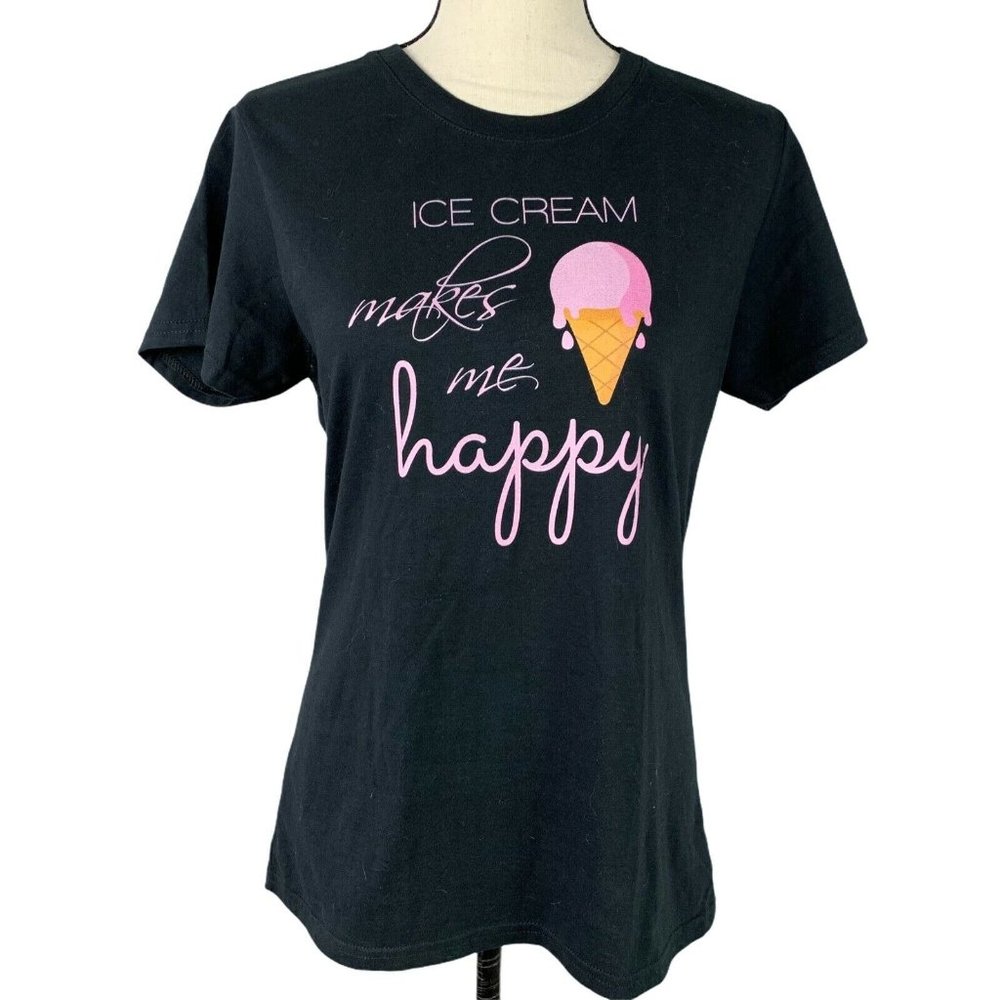 Black Graphic Tee Womens Medium "Ice Cream Makes Me Happy"